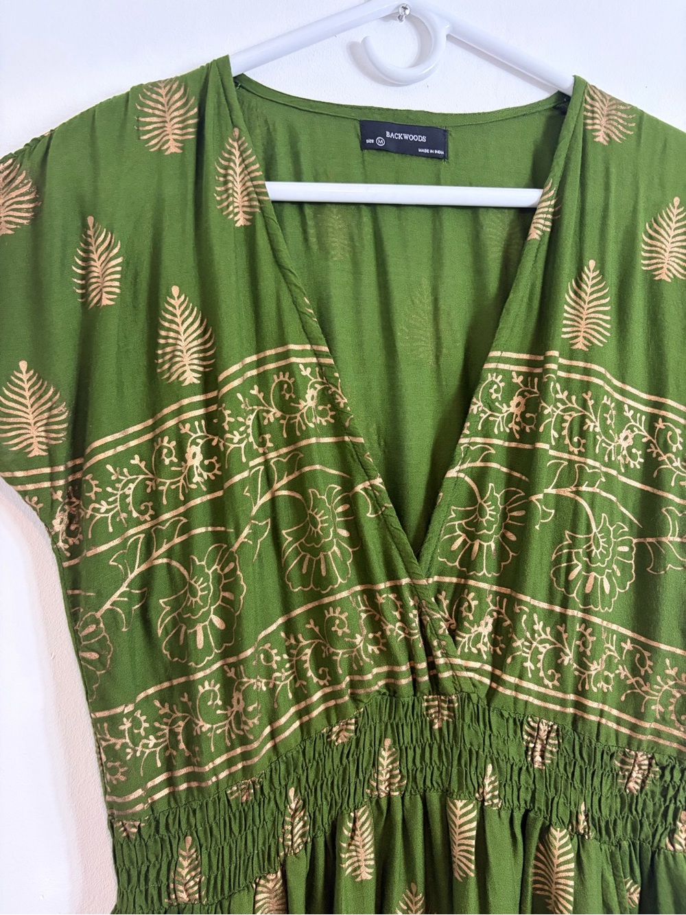 Backwoods Metallic Gold Green Indian Made Boho Dress With Pockets